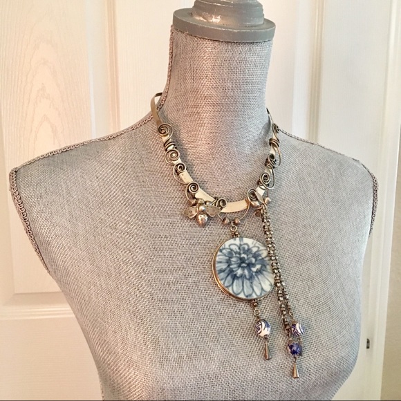 Sterling silver porcelain hanging necklace choker - Picture 10 of 12